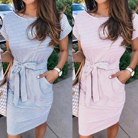 Fashion Stripe Print Belt Women Dresses