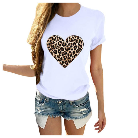 Leopard Heart Print T Shirt Women