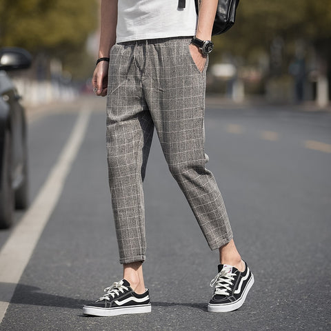 Casual Ankle-Length Plaid Pants Men Trousers