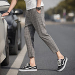 Casual Ankle-Length Plaid Pants Men Trousers