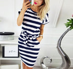 Fashion Stripe Print Belt Women Dresses