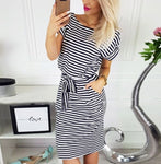 Fashion Stripe Print Belt Women Dresses