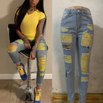 Women Fashion Ripped Jeans Yellow