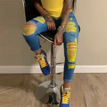 Women Fashion Ripped Jeans Yellow